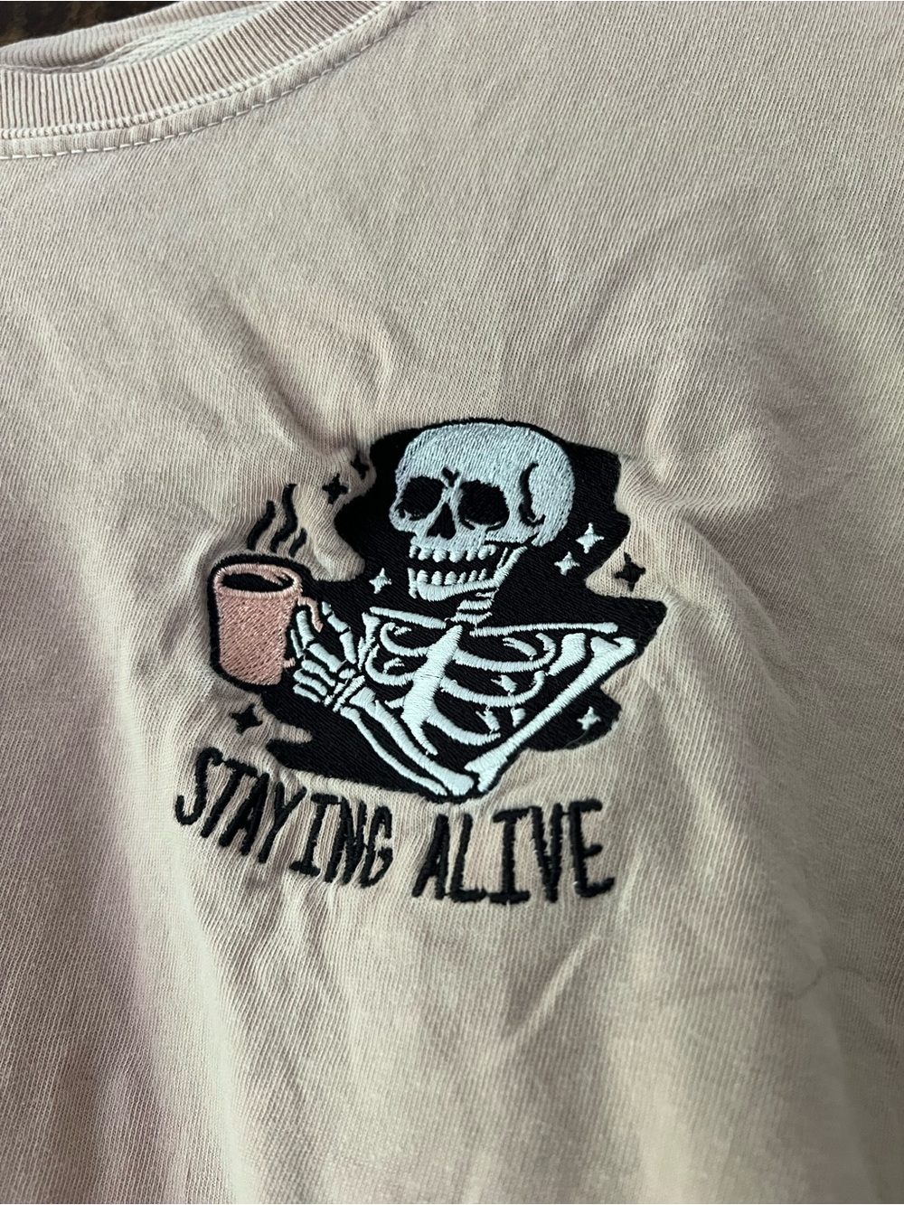 Comfort Colors Beige Short Sleeve Tee with Skeleton 'Staying Alive' Patch